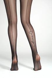 Sheer black tights with a heart design on a white background