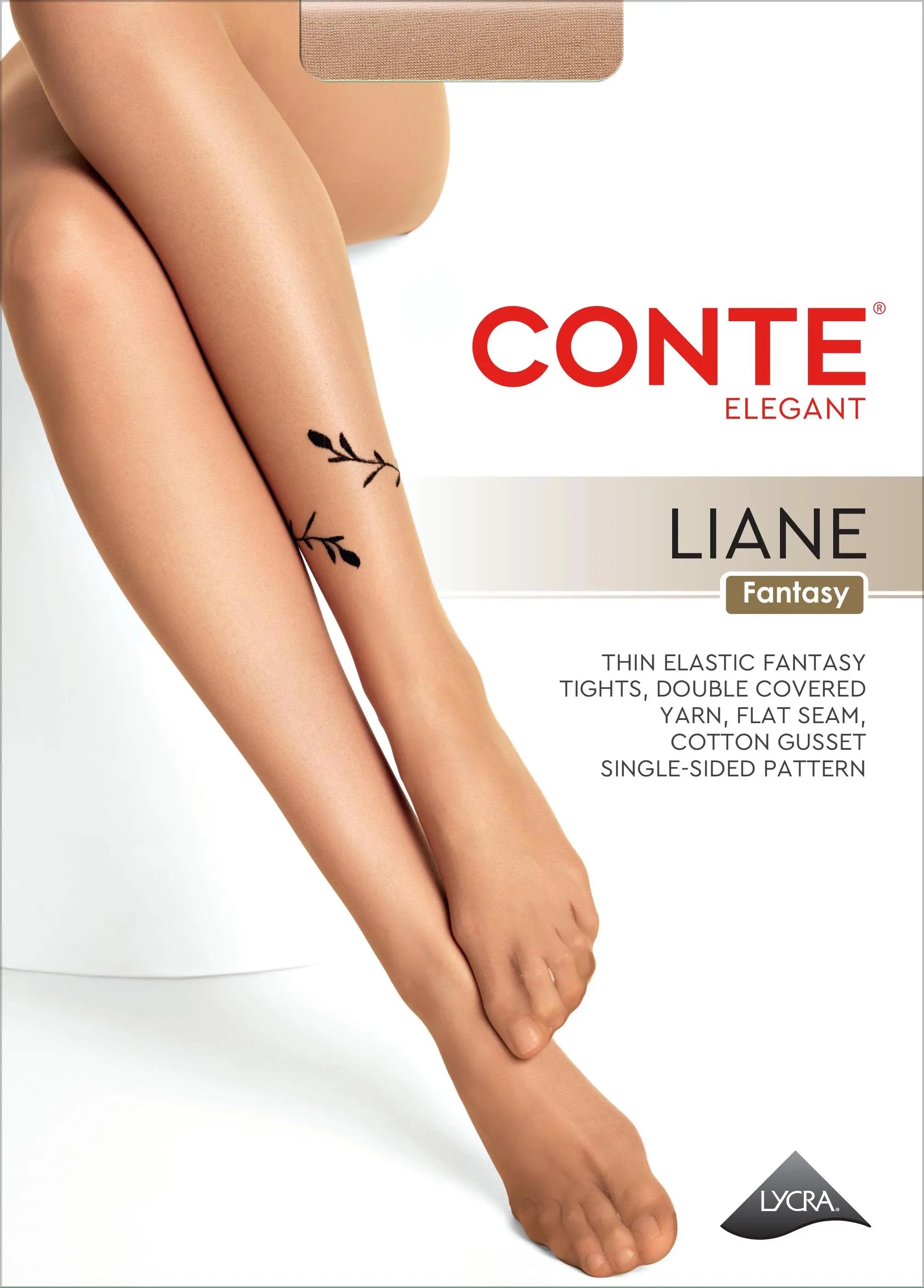 CONTE Elegant Liane Fantasy tights packaging with a person wearing the tights.