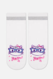 Pair of socks with cat design and 'Meow' text on a white background