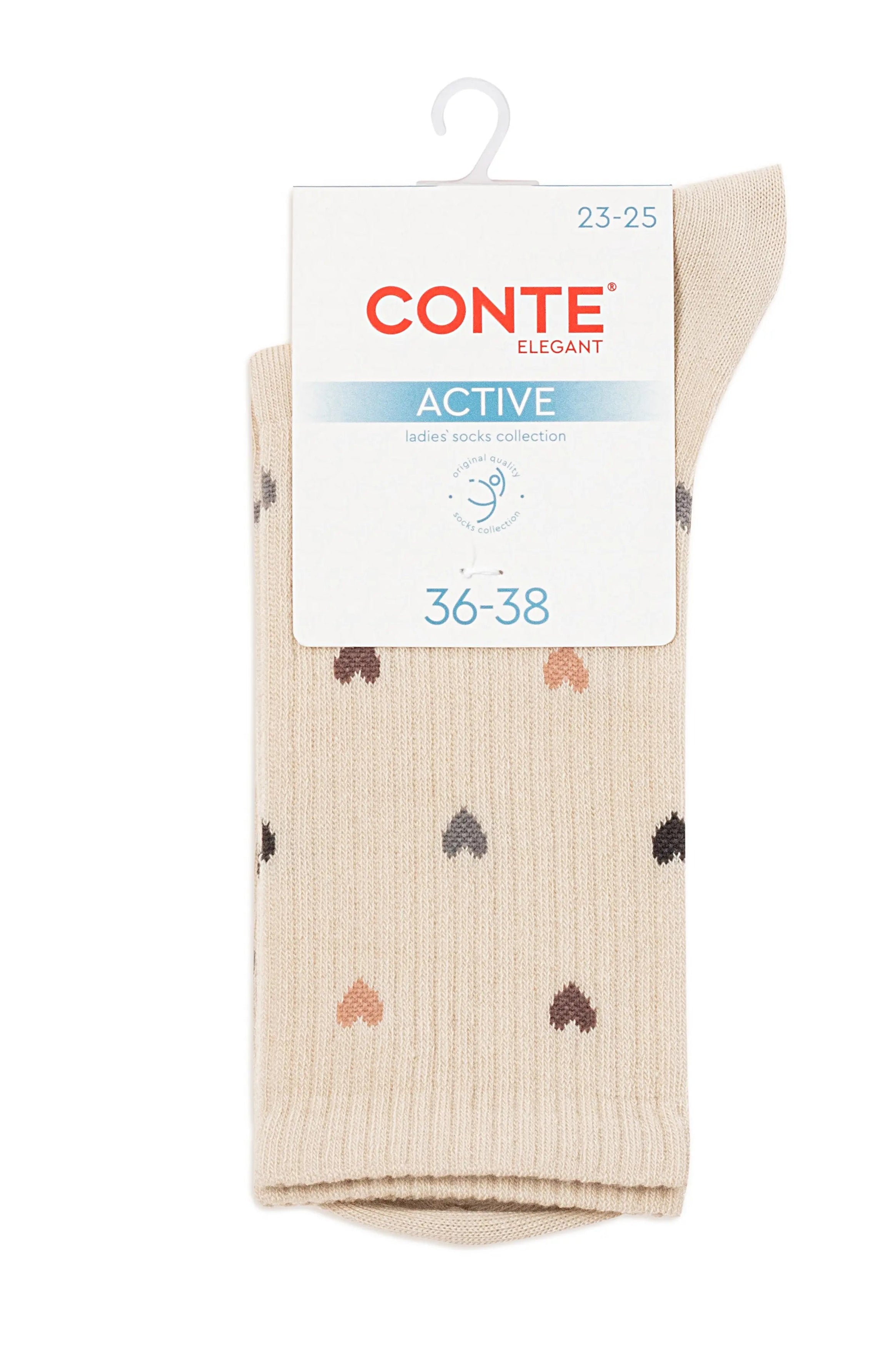 Beige socks with heart patterns on a white background, featuring Conte branding. #color_beige