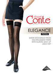 Black sheer stockings with lace top worn by a model, featuring the 'Elegant Conte' brand.
