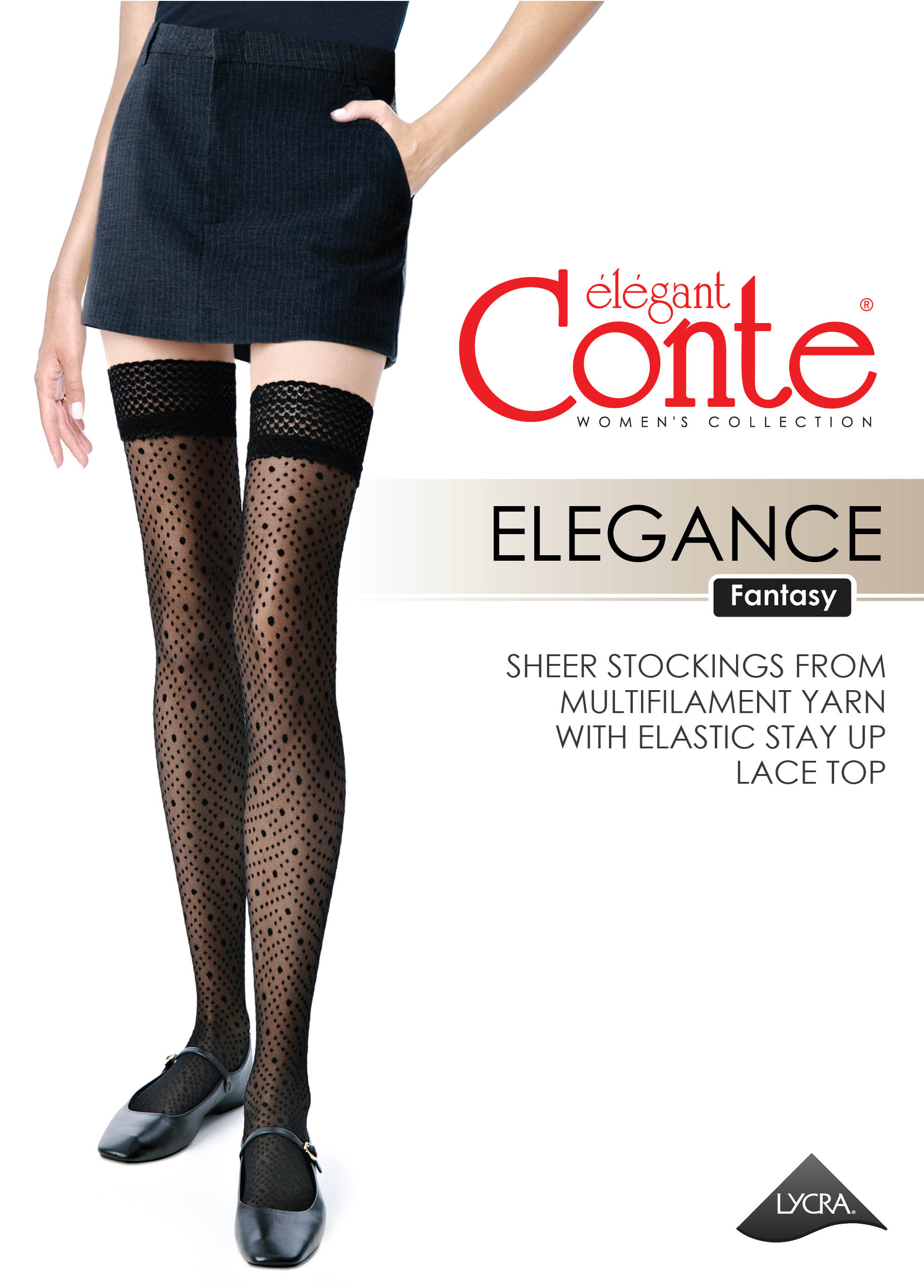 Black sheer stockings with lace top worn by a model, featuring the 'Elegant Conte' brand.
