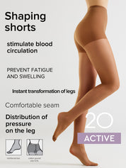 A promotional graphic for shaping tights showing a model's legs wearing beige/nude hosiery against a light gray background, with text highlighting benefits such as stimulating blood circulation, preventing fatigue and swelling, and a purple '20 ACTIVE' badge.
