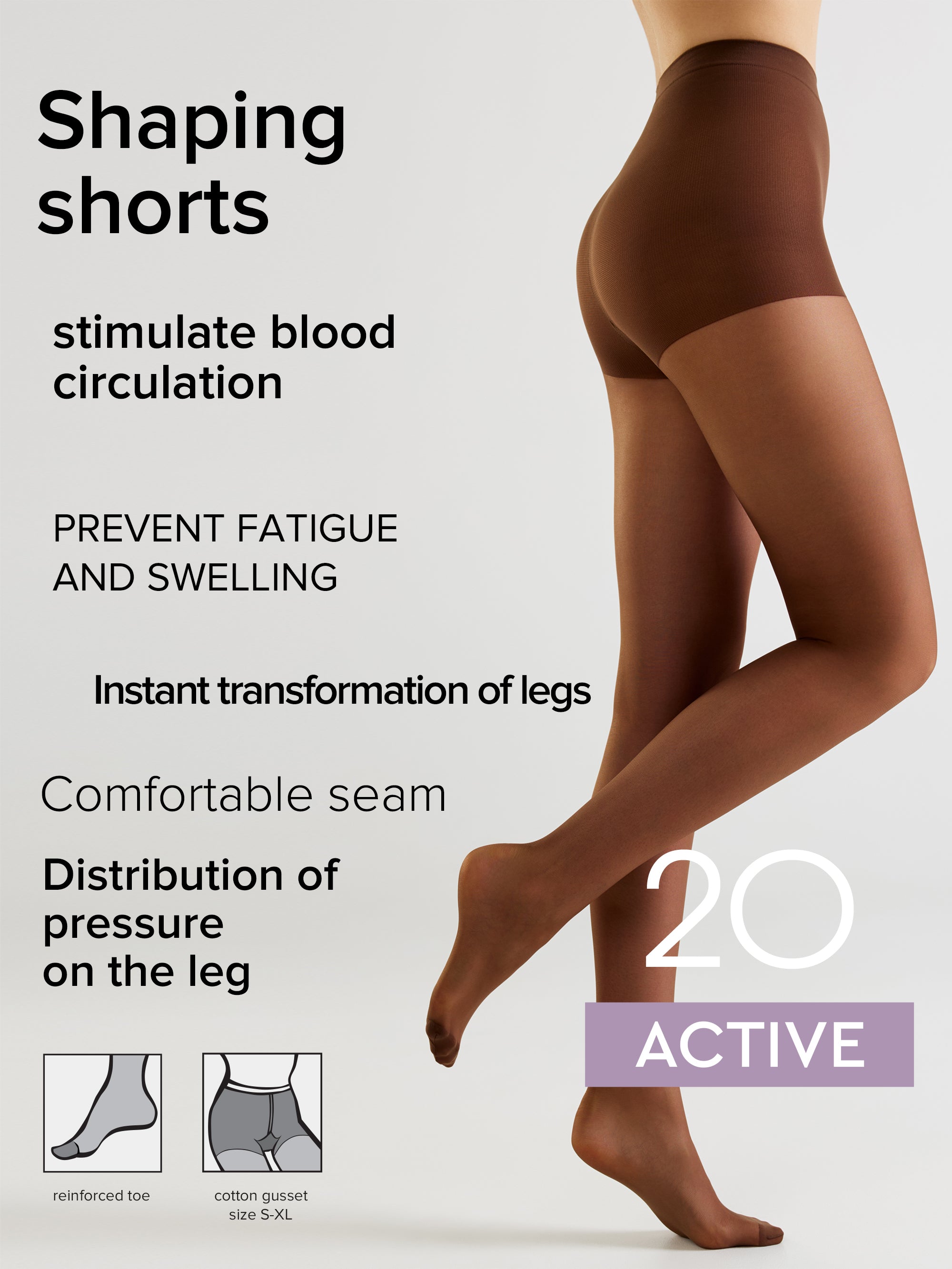A person wearing brown shaping shorts hosiery shown against a light gray background with marketing text about circulation, fatigue prevention, and compression. Small inset diagrams at the bottom illustrate foot and waist support.