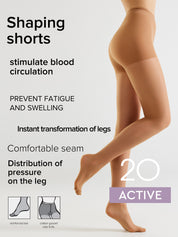 Promotional graphic for shaping shorts hosiery showing a model's legs wearing the product against a light gray background, with text highlighting benefits like stimulating blood circulation and preventing fatigue and swelling.
