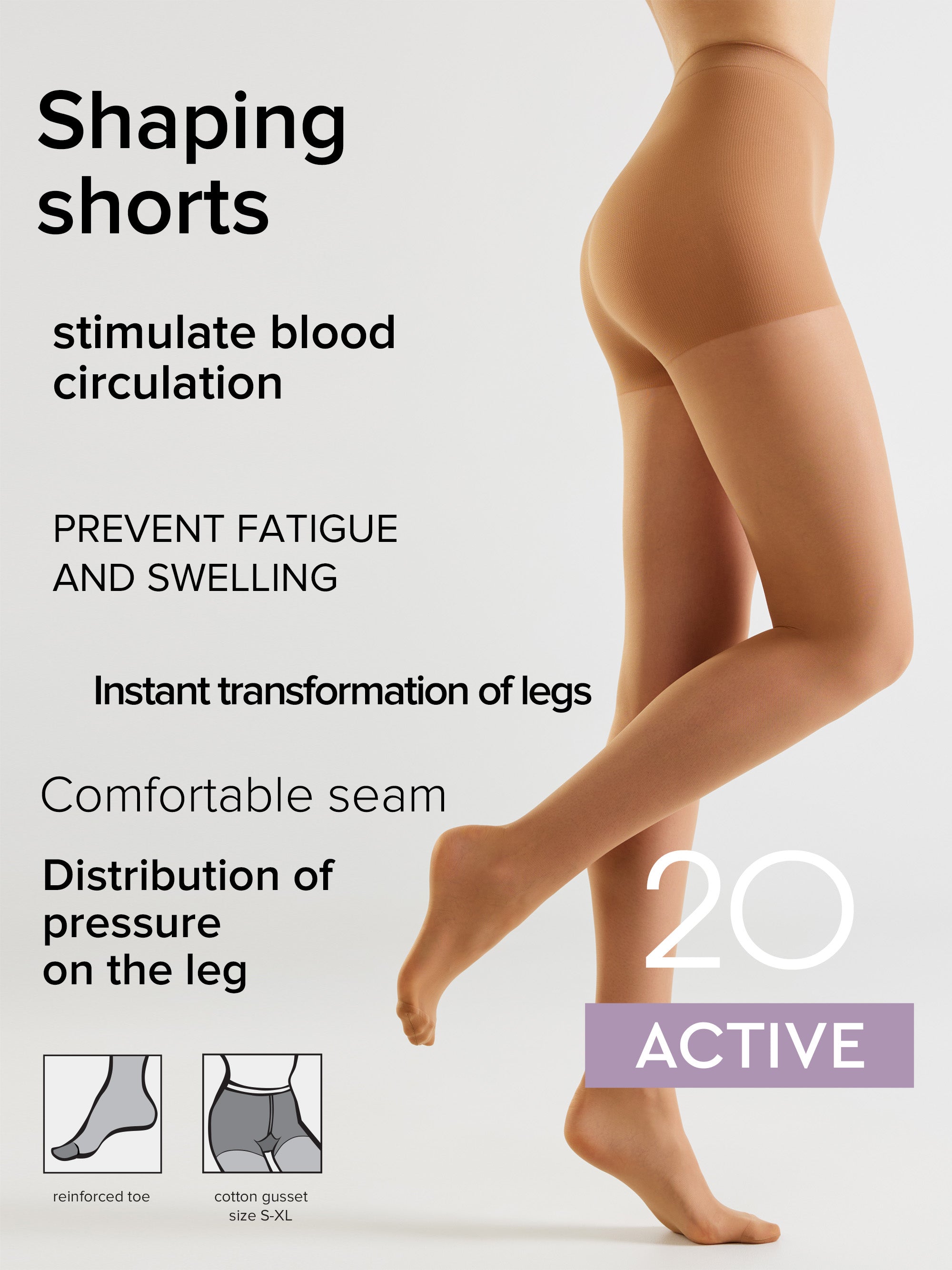 Promotional graphic for shaping shorts hosiery showing a model's legs wearing the product against a light gray background, with text highlighting benefits like stimulating blood circulation and preventing fatigue and swelling.