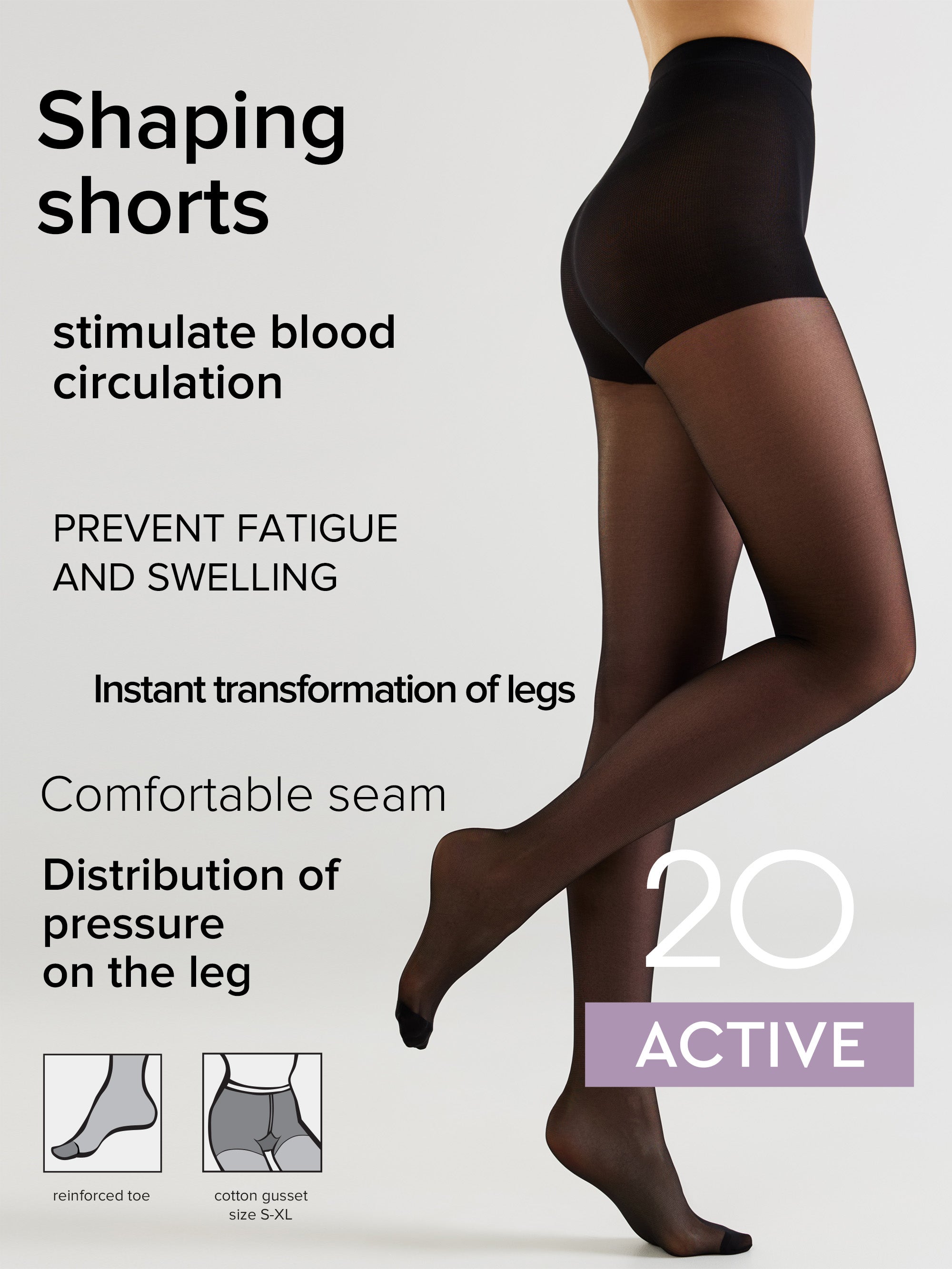 Promotional graphic for shaping tights/shorts showing a model's legs wearing black hosiery against a light gray background, with text highlighting benefits like stimulating blood circulation and preventing fatigue, plus small inset diagrams of foot and pant structure.