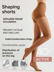 Shaping shorts hosiery advertisement showing a model's legs wearing sheer beige tights, with text highlighting benefits like stimulating blood circulation and preventing fatigue and swelling. Includes size and fit diagrams at the bottom.