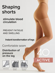 Promotional graphic for shaping shorts hosiery showing a model's legs wearing sheer beige compression shorts against a light gray background, with text highlighting benefits and a pink 'ACTIVE' badge.