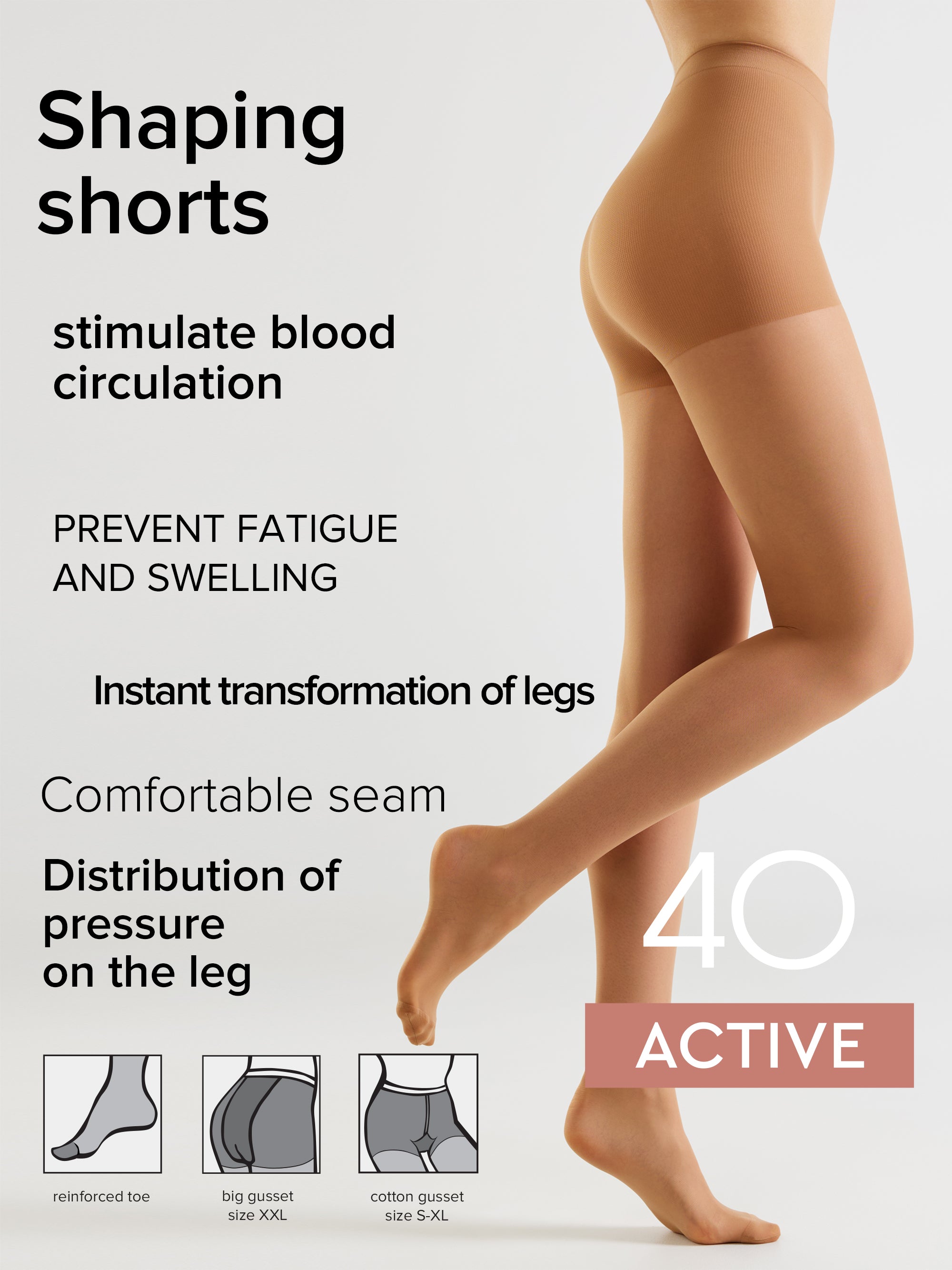 Promotional graphic for shaping shorts hosiery showing a model's legs wearing sheer beige compression shorts against a light gray background, with text highlighting benefits and a pink 'ACTIVE' badge.