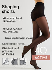 A promotional graphic for shaping tights or compression shorts, showing a cropped model from the waist down wearing dark sheer hosiery. Large text on the left lists benefits such as stimulating blood circulation, preventing fatigue and swelling, and comfortable seam.
