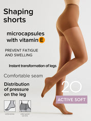 Promotional graphic for shaping shorts microcapsules with vitamin E, showing a model's legs wearing sheer beige tights against a light gray background with text and feature callouts.