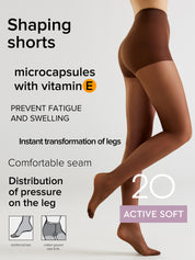 Shaping shorts microcapsules with vitamin E hosiery advertisement showing a model's legs wearing brown tights against a light gray background with product claims and feature icons.