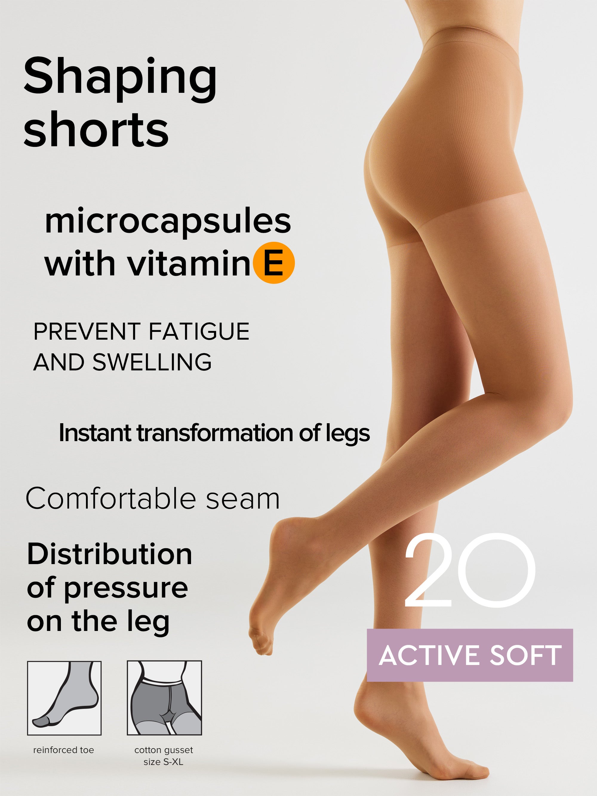 Promotional graphic for shaping shorts hosiery showing a model's legs wearing the product against a light gray background, with text highlighting microcapsules with vitamin E and features like preventing fatigue and swelling.