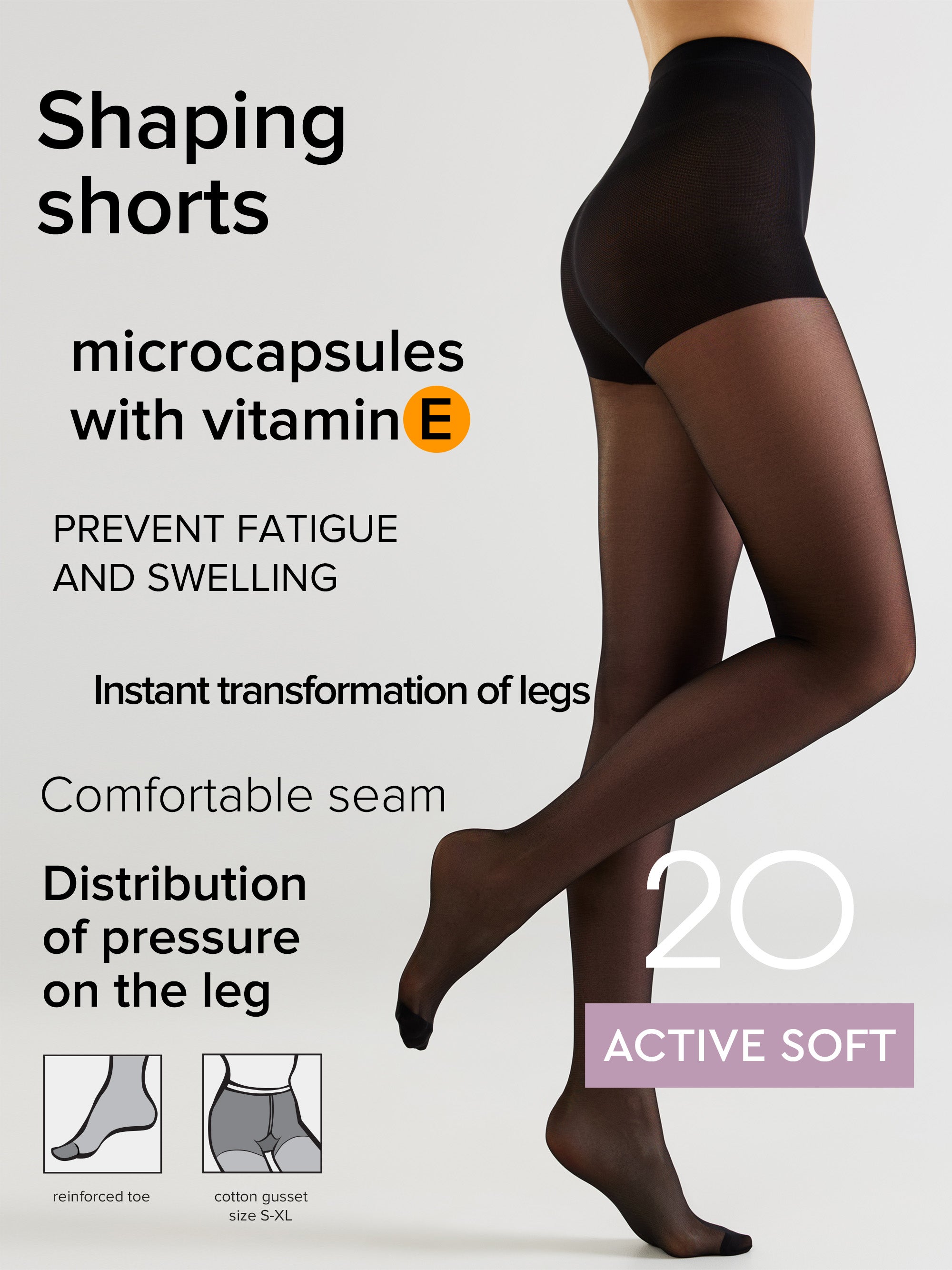 A model's legs wearing black shaping tights with text overlays promoting 'Shaping shorts' and 'microcapsules with vitamin E' on a light gray background.