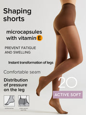 A promotional graphic for shaping shorts hosiery showing a model's legs wearing the product against a light gray background, with text highlighting microcapsules with vitamin E and benefits like preventing fatigue and swelling.
