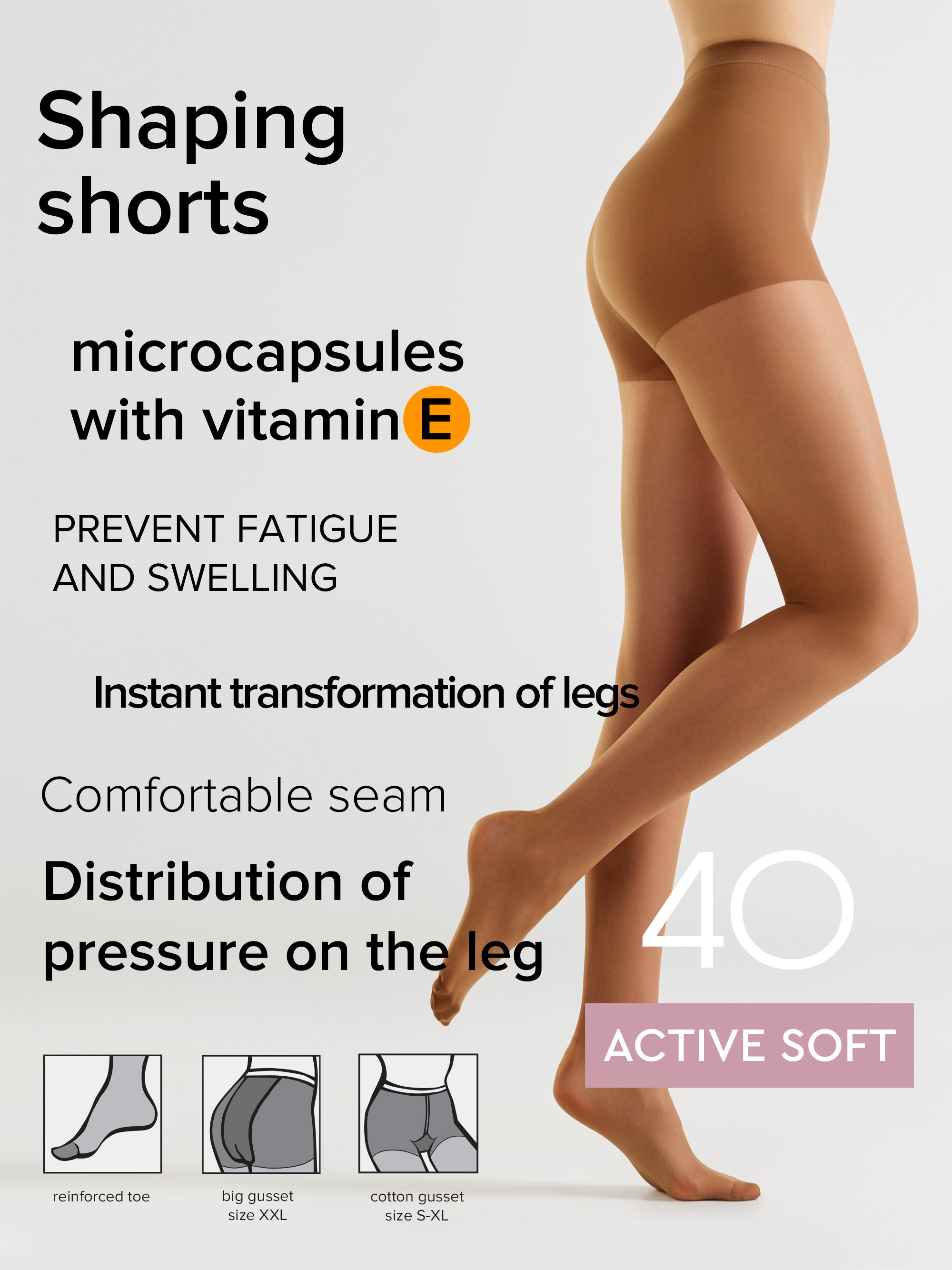 Promotional graphic for shaping microcapsule vitamin E shaping shorts. The right side features a model's legs and hips wearing the beige tights, while the left side contains descriptive text about the product benefits and three small diagram icons at the bottom showing different foot shapes.