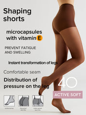 A promotional graphic for shaping shorts microcapsules with vitamin E. The right side shows a model from the waist down wearing brown sheer hosiery, while the left side contains marketing text about shaping shorts, microcapsules with vitamin E, and benefits like preventing fatigue and swelling.