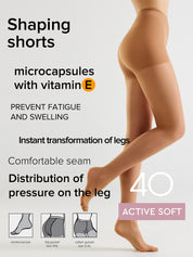 Promotional graphic for shaping shorts hosiery showing a model's legs wearing sheer beige compression shorts against a light gray background, with text highlighting microcapsules with vitamin E and size 40 active soft.