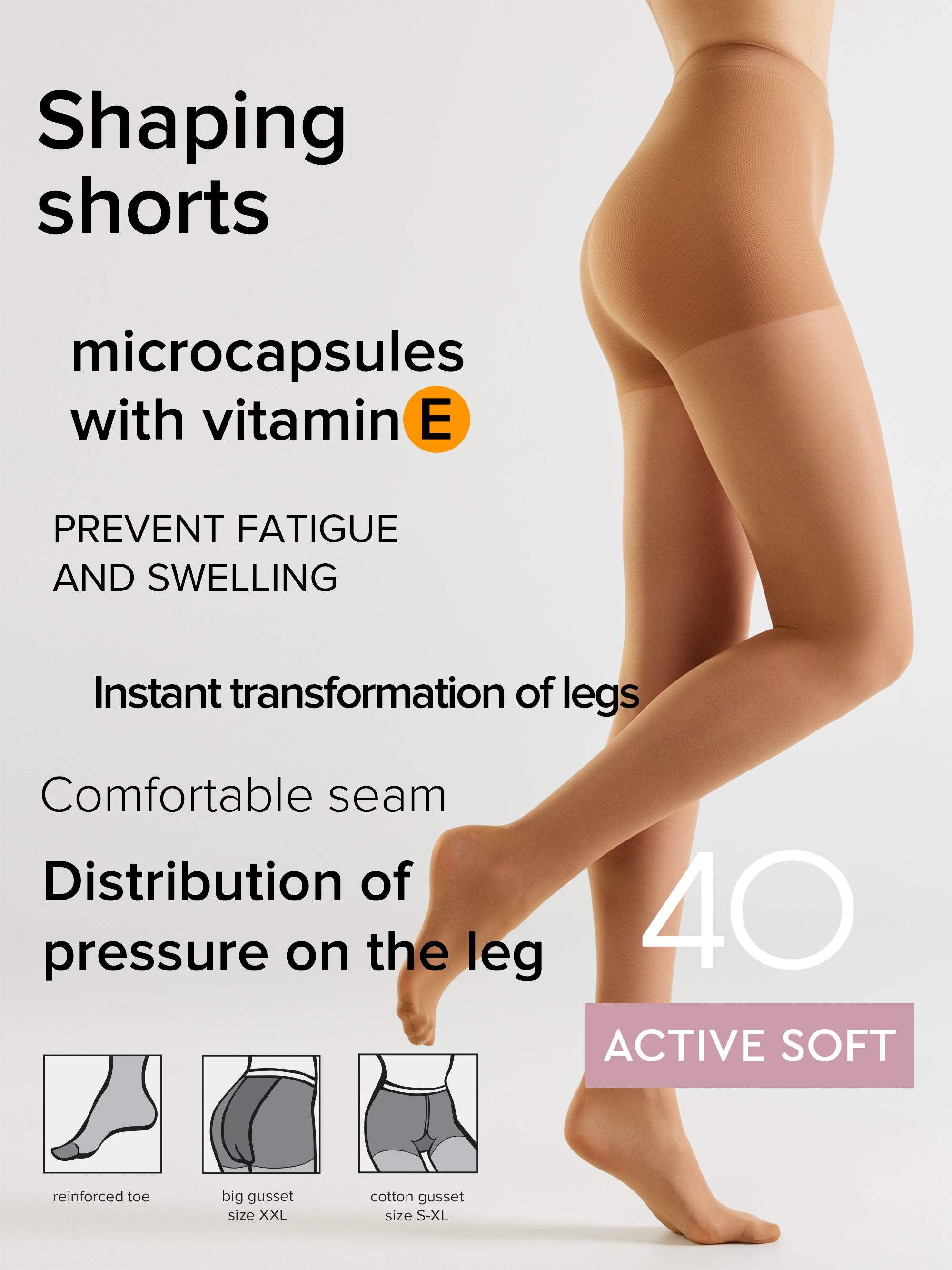 Promotional graphic for shaping shorts hosiery showing a model's legs wearing sheer beige compression shorts against a light gray background, with text highlighting microcapsules with vitamin E and size 40 active soft.