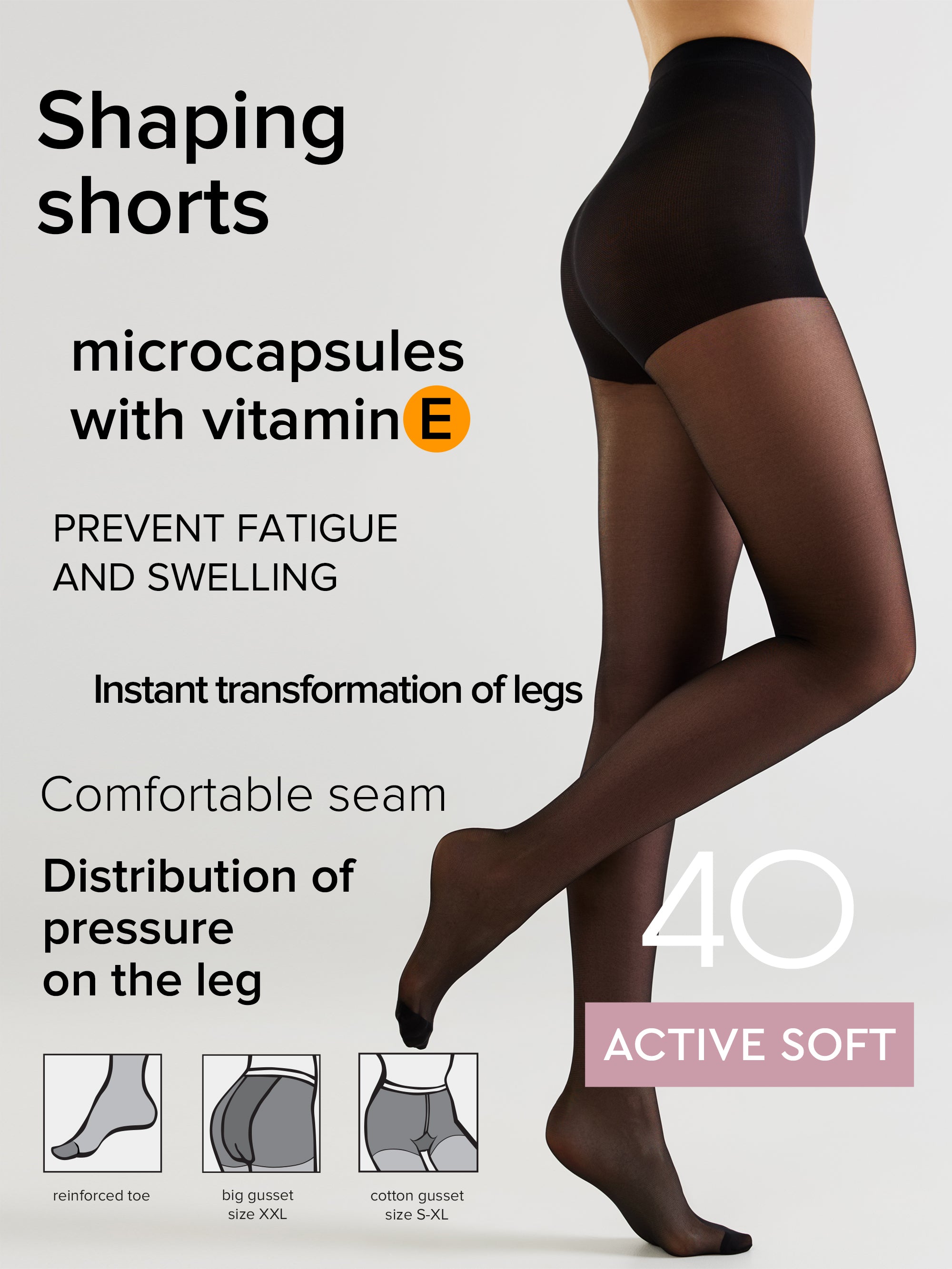 Promotional graphic for shaping microcapsule tights with vitamin E. A model's legs are shown wearing black thigh-high hosiery against a light gray background, with text highlighting features like shaping shorts, microcapsules with vitamin E, and 40 active soft.