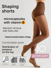 A model's legs wearing shaping shorts hosiery shown on a light gray background with promotional text about microcapsules with vitamin E, prevention of fatigue and swelling, and a 40 active soft label.