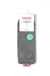 A pair of gray ribbed open-toe socks in their original packaging, featuring a white CONTE LEGENDS ACTIVE hangtag and a green circular logo sticker, with the toes peeking out at the bottom.