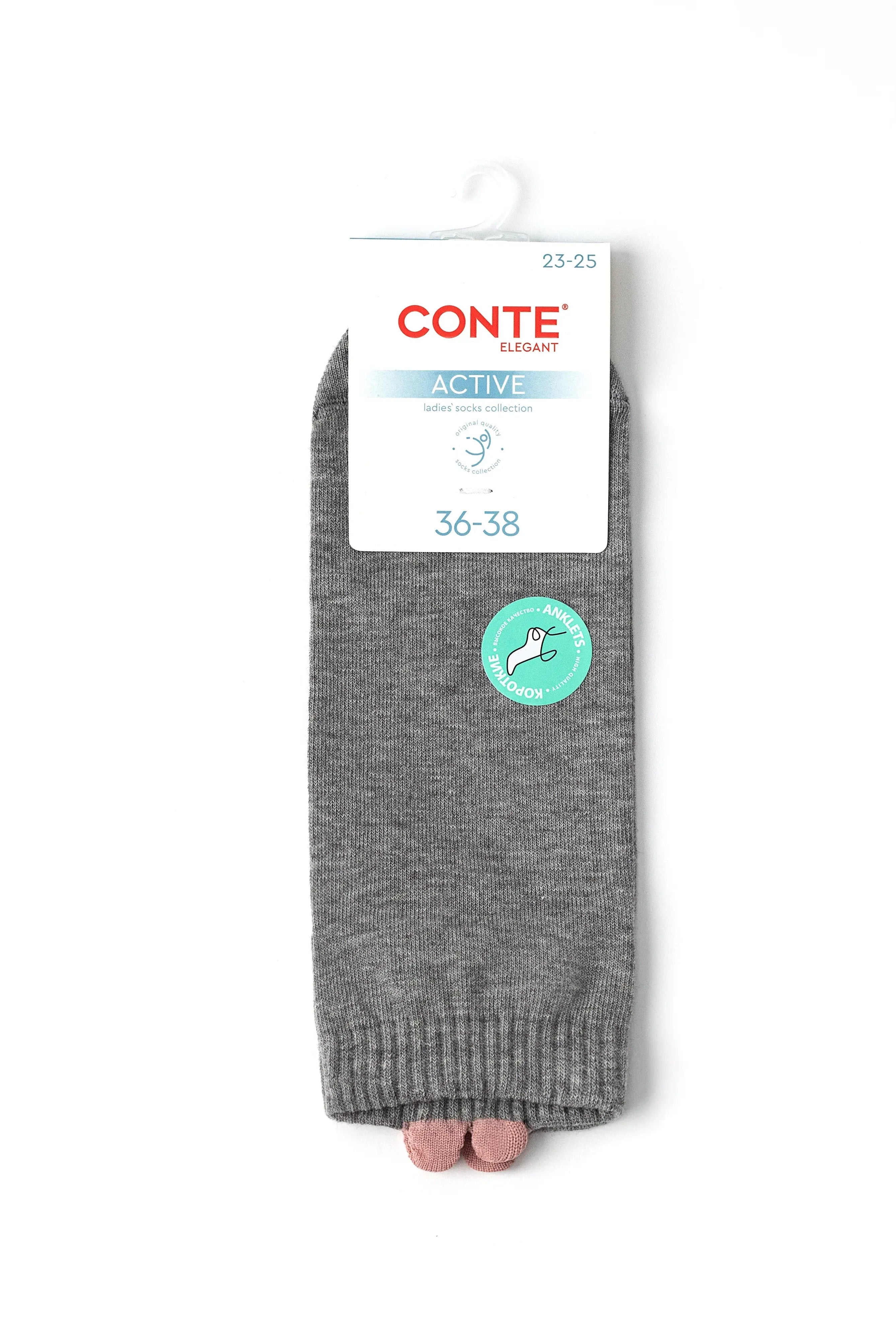 A pair of gray ribbed open-toe socks in their original packaging, featuring a white CONTE LEGENDS ACTIVE hangtag and a green circular logo sticker, with the toes peeking out at the bottom.