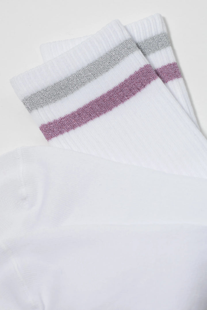 White socks with gray and pink stripes on a white background #color_light-gray