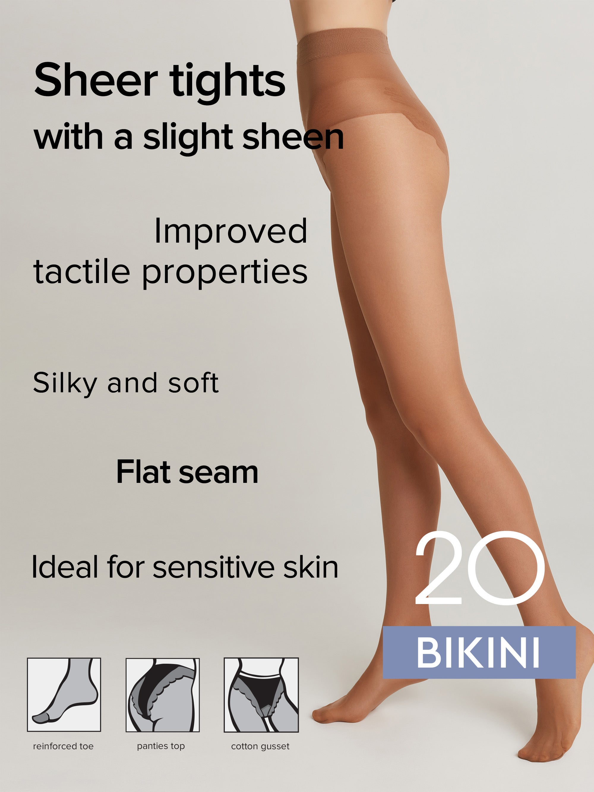 Promotional graphic for sheer tights showing a model's legs wearing a skin-tone bikini-style panty against a light gray background, with text describing the product as sheer, silky, and soft, plus small inset diagrams at the bottom.