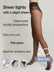 A model's legs wearing sheer brown tights with a satin-like high waistband, shown against a light gray background with promotional text and small inset diagrams.