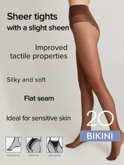 Promotional graphic for sheer tights showing a model's legs wearing brown sheer hosiery against a light gray background, with text highlighting features like 'Sheer tights with a slight sheen' and 'Improved tactile properties'.