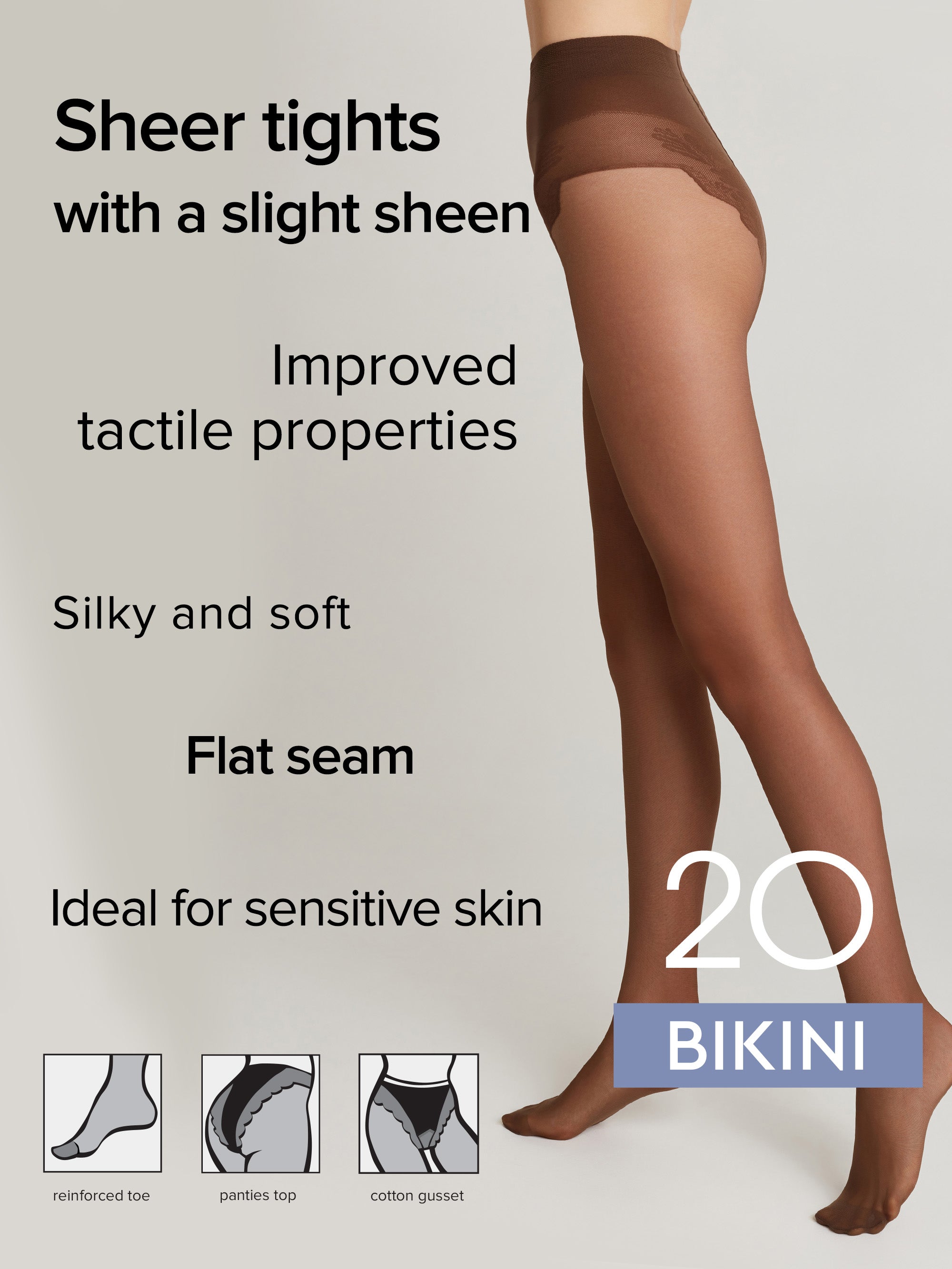 Promotional graphic for sheer tights showing a model's legs wearing brown sheer hosiery against a light gray background, with text highlighting features like 'Sheer tights with a slight sheen' and 'Improved tactile properties'.