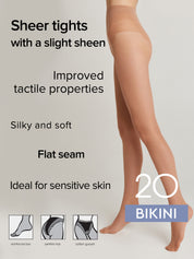 A model's lower legs wearing sheer beige-brown tights against a light gray background, with text describing the hosiery as sheer, slightly sheer, improved tactile properties, silky and soft, flat seam, and ideal for sensitive skin. Small foot and waist diagrams appear at the bottom, along with a blue label reading 20 BIKINI.