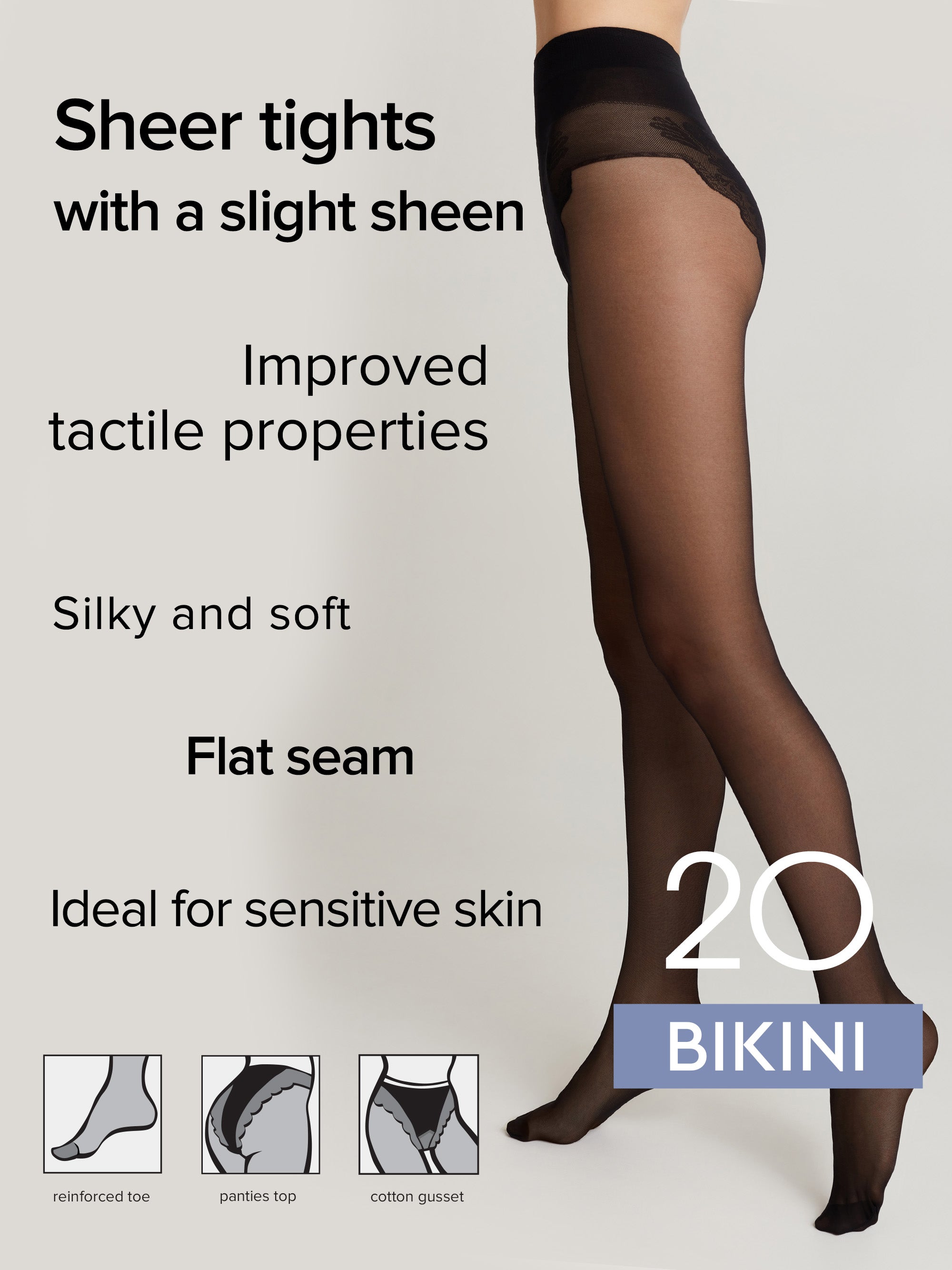 A model's legs wearing sheer black tights against a light gray background, with promotional text listing features like 'Sheer tights with a slight sheen' and 'Improved tactile properties.' Small inset diagrams at the bottom show different tights: reinforced toe, panty top, and cotton gusset.