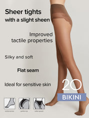 A model's legs wearing sheer brown tights with a slight sheen, shown against a light gray background with descriptive text and small inset diagrams of the hosiery style.