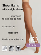 A model's legs wearing sheer beige-brown bikini-style tights against a light gray background, with text describing the hosiery as sheer, silky, and soft, plus small inset diagrams at the bottom.