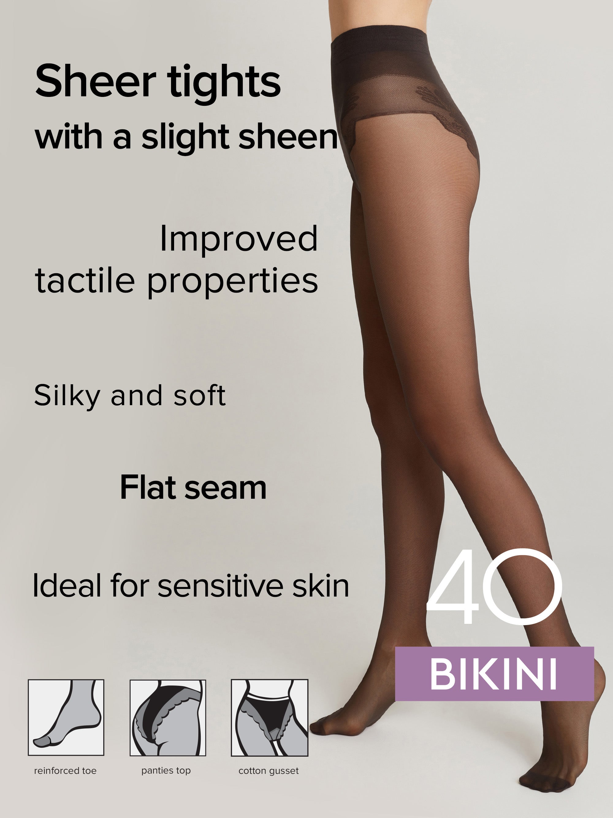 A model's lower body wearing sheer brown tights with a high-waisted bikini top section, set against a light gray background with product feature text and small diagram icons.