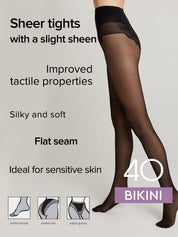A model's legs wearing sheer black tights with a high-cut bikini top, shown against a light gray background with descriptive text and small inset diagrams of tights on different body parts.