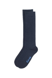 Navy sock with a brand logo on a white background #color_dark-blue
