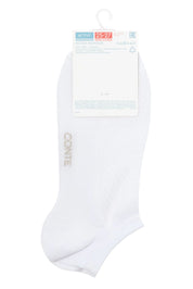 White ankle sock with a brand label on a white background #color_white