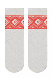 Pair of gray socks with red and white pattern on a white background