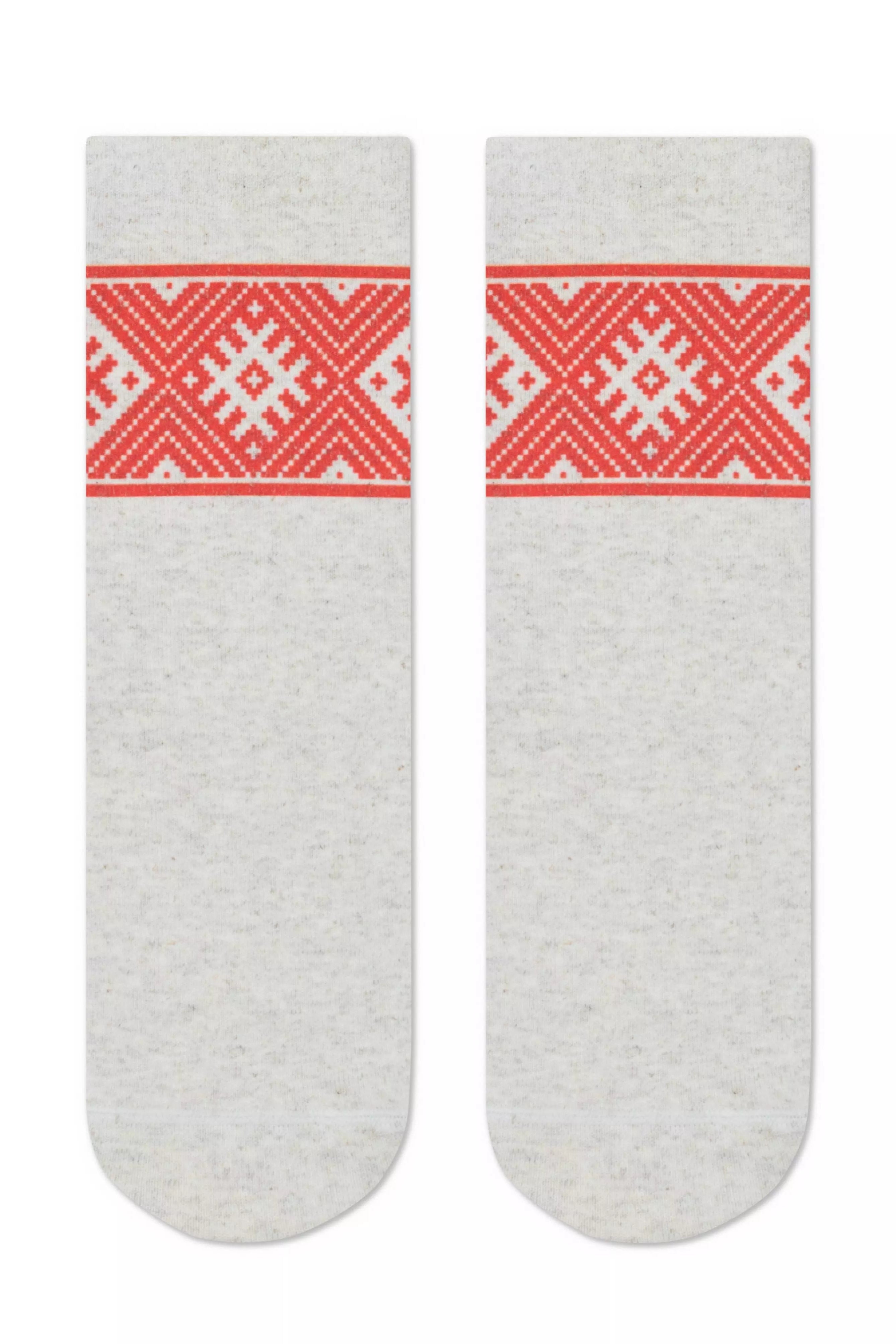 Pair of gray socks with red and white pattern on a white background