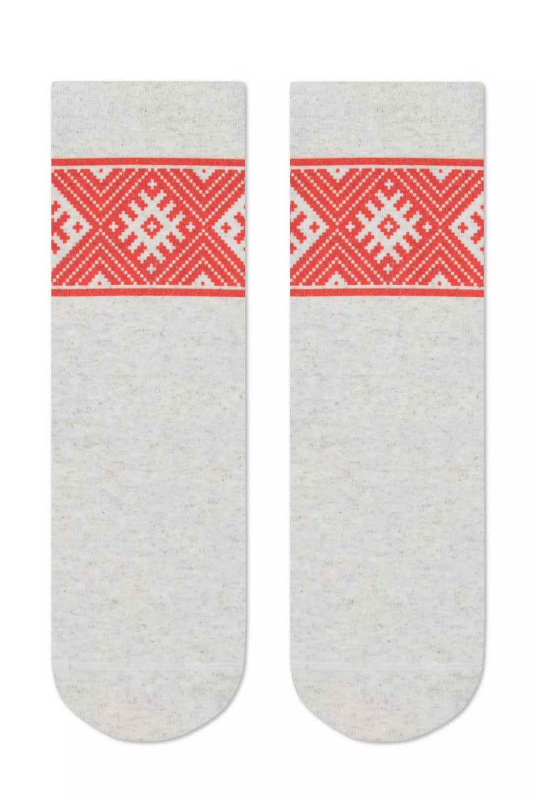 Pair of gray socks with red and white pattern on a white background