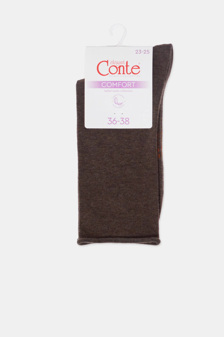 Brown sock with a visible brand label on a white background #color_brown
