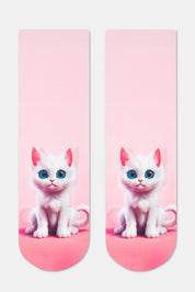 Pair of socks with a design of a white cat on a pink background