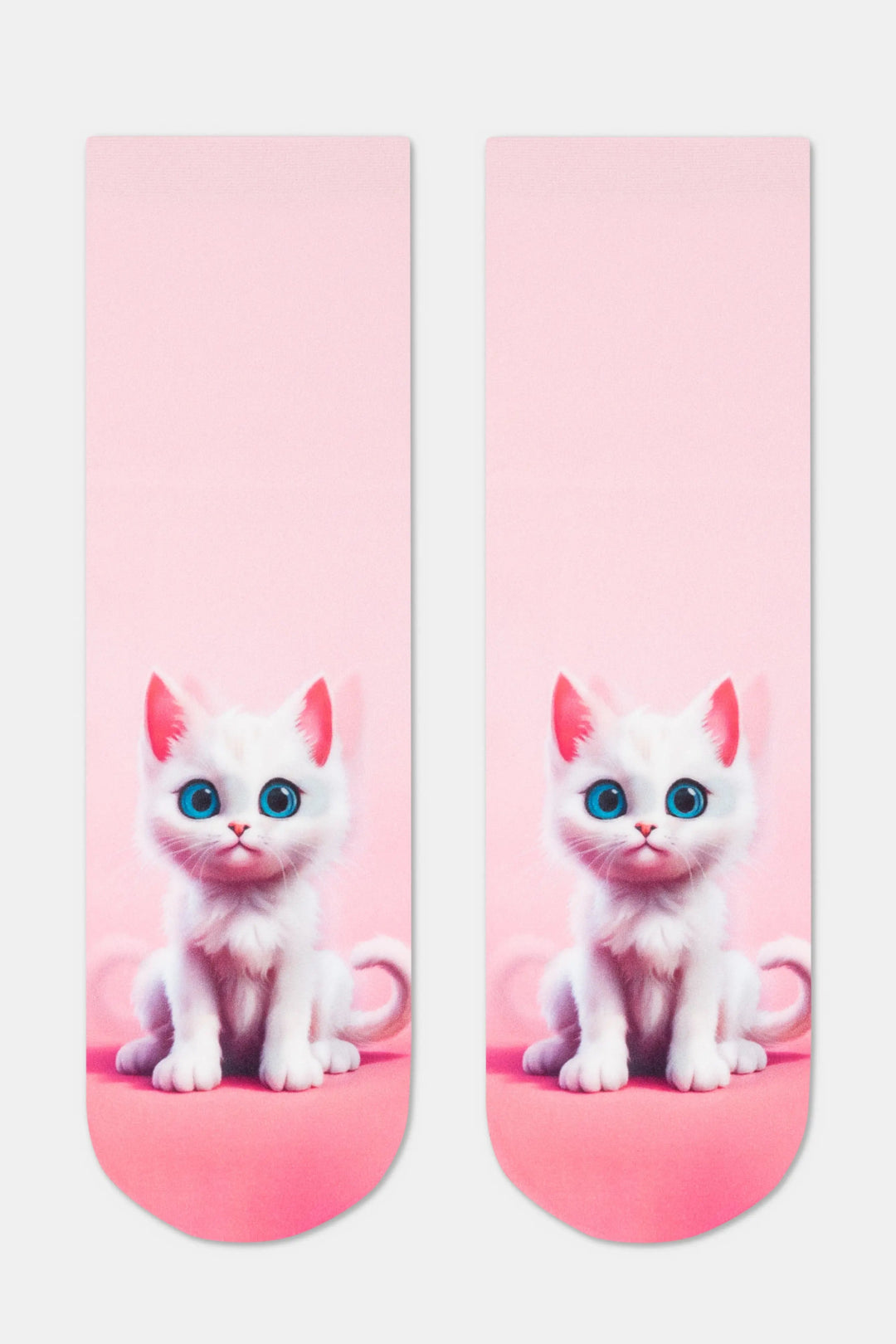 Pair of socks with a design of a white cat on a pink background