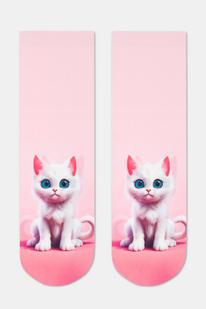 Pair of socks with a design of a white cat on a pink background