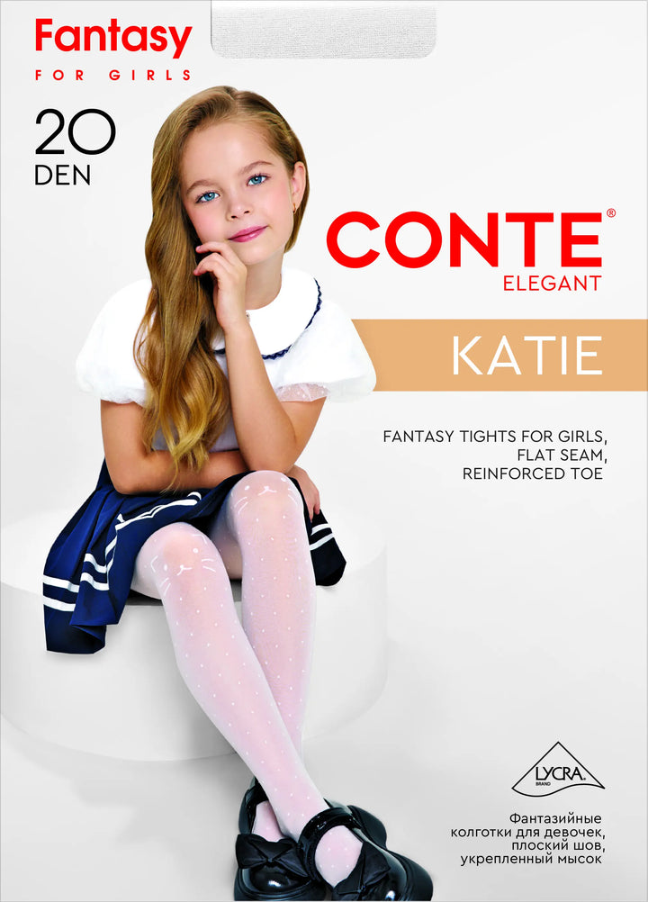 Advertisement for Conte Fantasy tights for girls with a model wearing them. #color_bianco