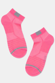 Pair of pink socks with gray accents on a light gray background #color_pink